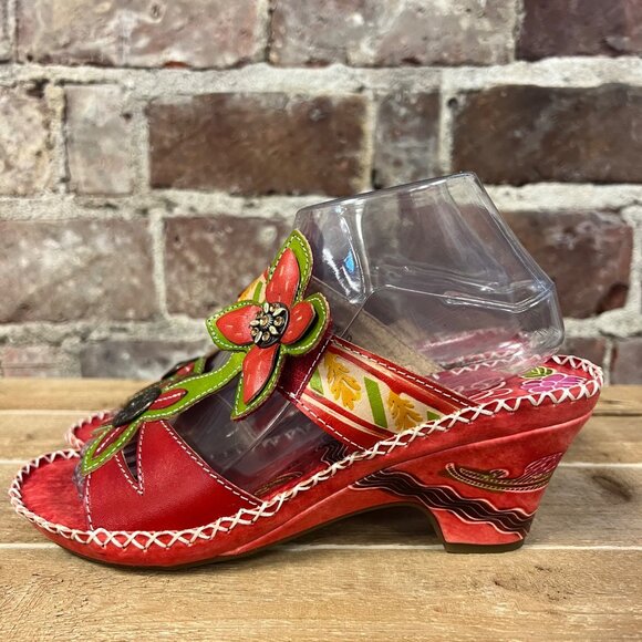 NIB Elite By Corkys 'Poppy' Red Leather Floral Heeled Sandal Sz 9 - Picture 8 of 13